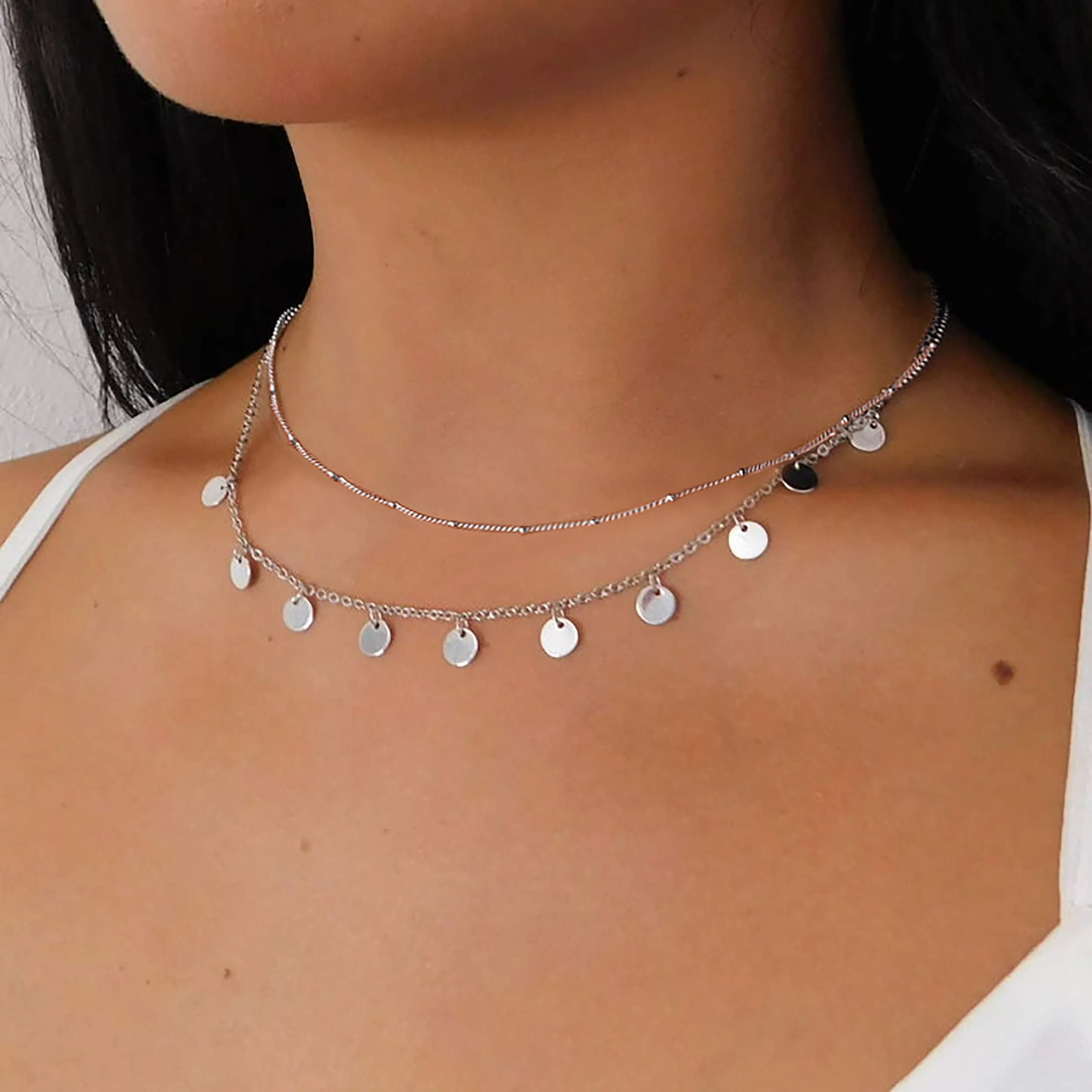 Aisansty Dainty Layered Choker Necklaces Handmade Coin Tube Star Pearl Pendant Multilayer Adjustable Layering Chain Gold Plated Necklaces Set for Women Girls Silver-Coin Charms