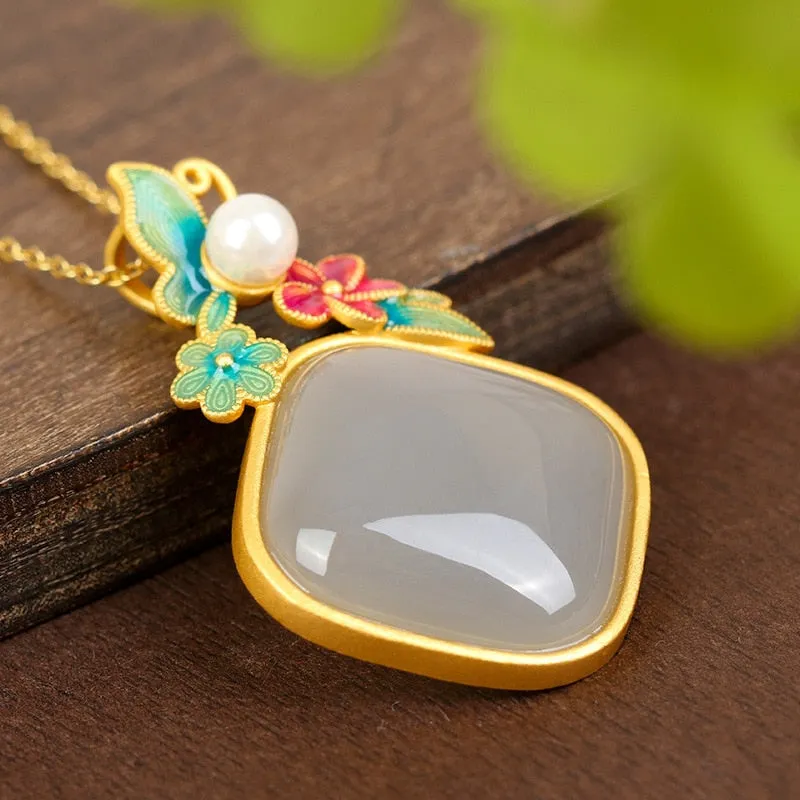 Ancient gold craft inlay court style geometric natural Hetian smoke purple jade necklaces