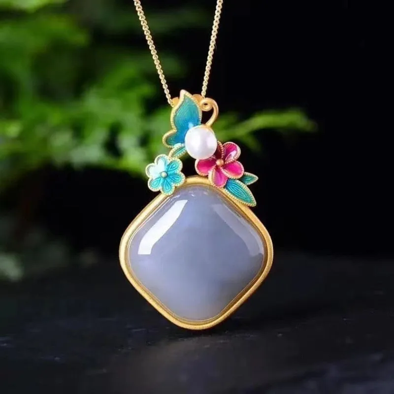 Ancient gold craft inlay court style geometric natural Hetian smoke purple jade necklaces