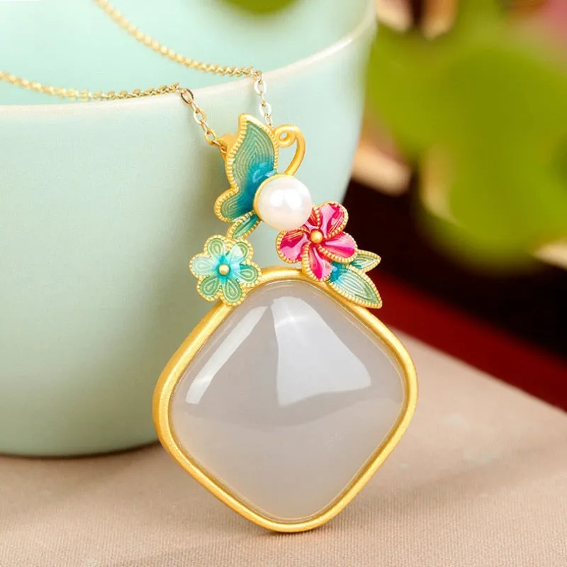 Ancient gold craft inlay court style geometric natural Hetian smoke purple jade necklaces