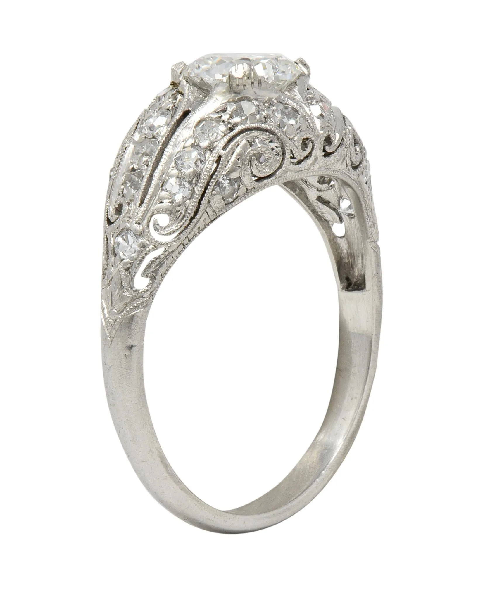 Art Deco 1.22 CTW Old European Cut Diamond Platinum Scrolling Bombé Vintage Engagement Ring