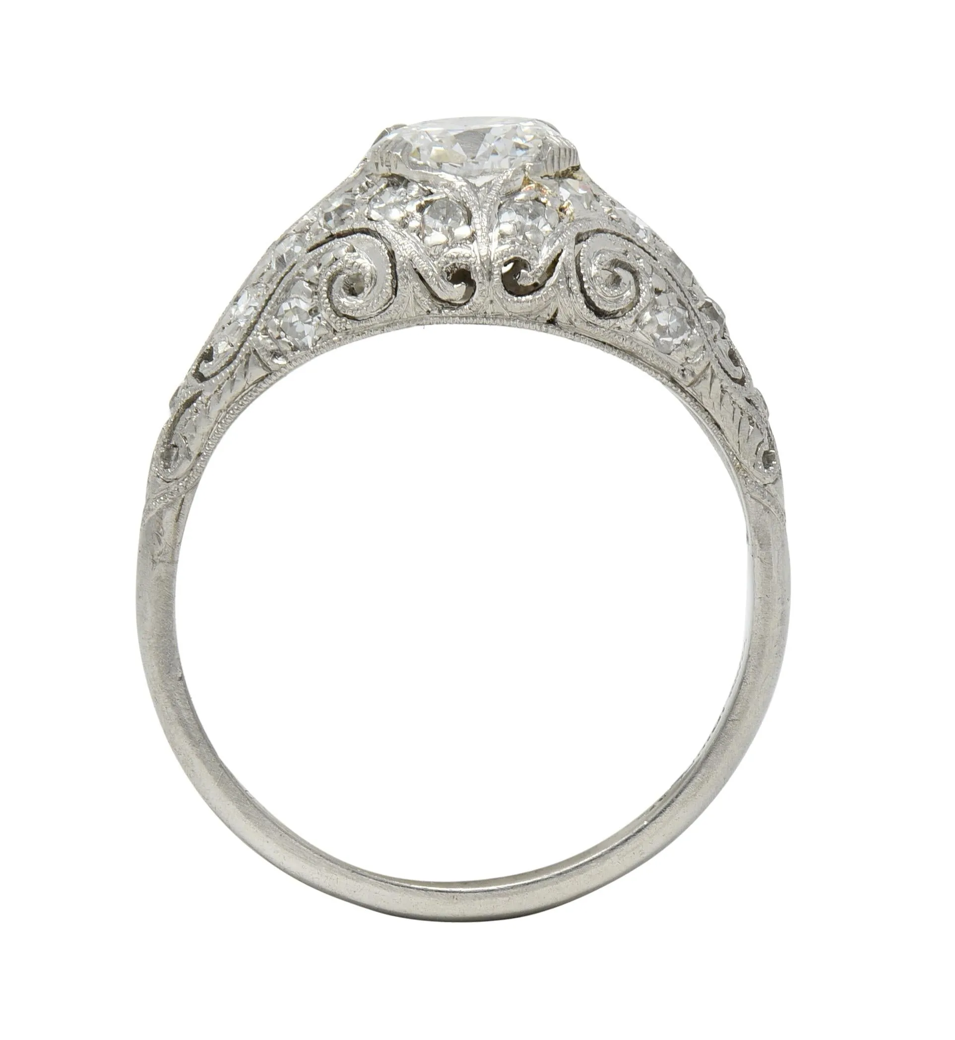 Art Deco 1.22 CTW Old European Cut Diamond Platinum Scrolling Bombé Vintage Engagement Ring