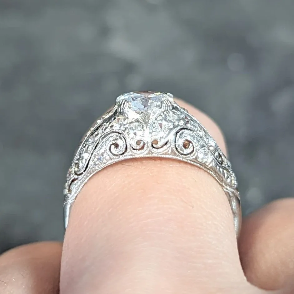 Art Deco 1.22 CTW Old European Cut Diamond Platinum Scrolling Bombé Vintage Engagement Ring