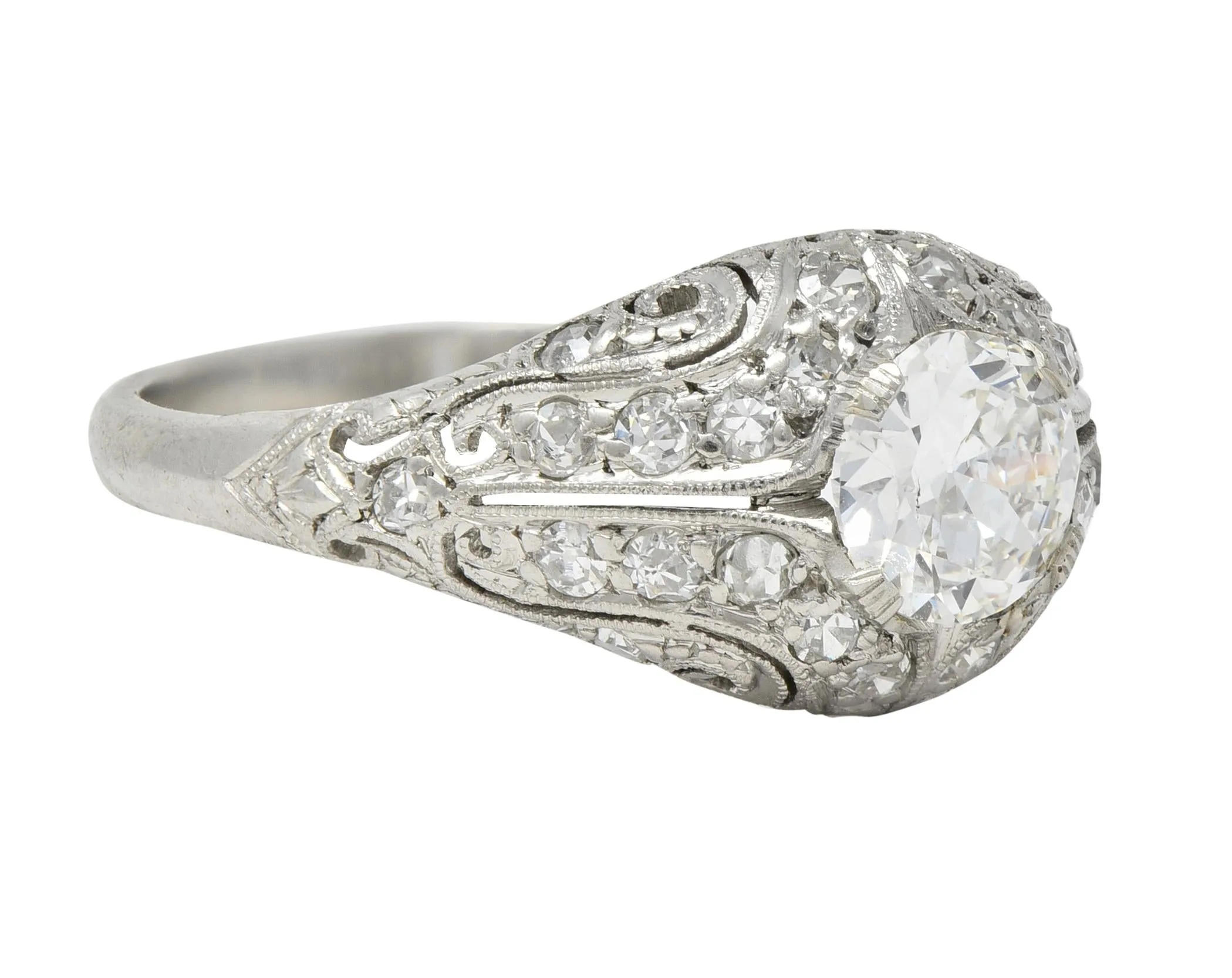 Art Deco 1.22 CTW Old European Cut Diamond Platinum Scrolling Bombé Vintage Engagement Ring