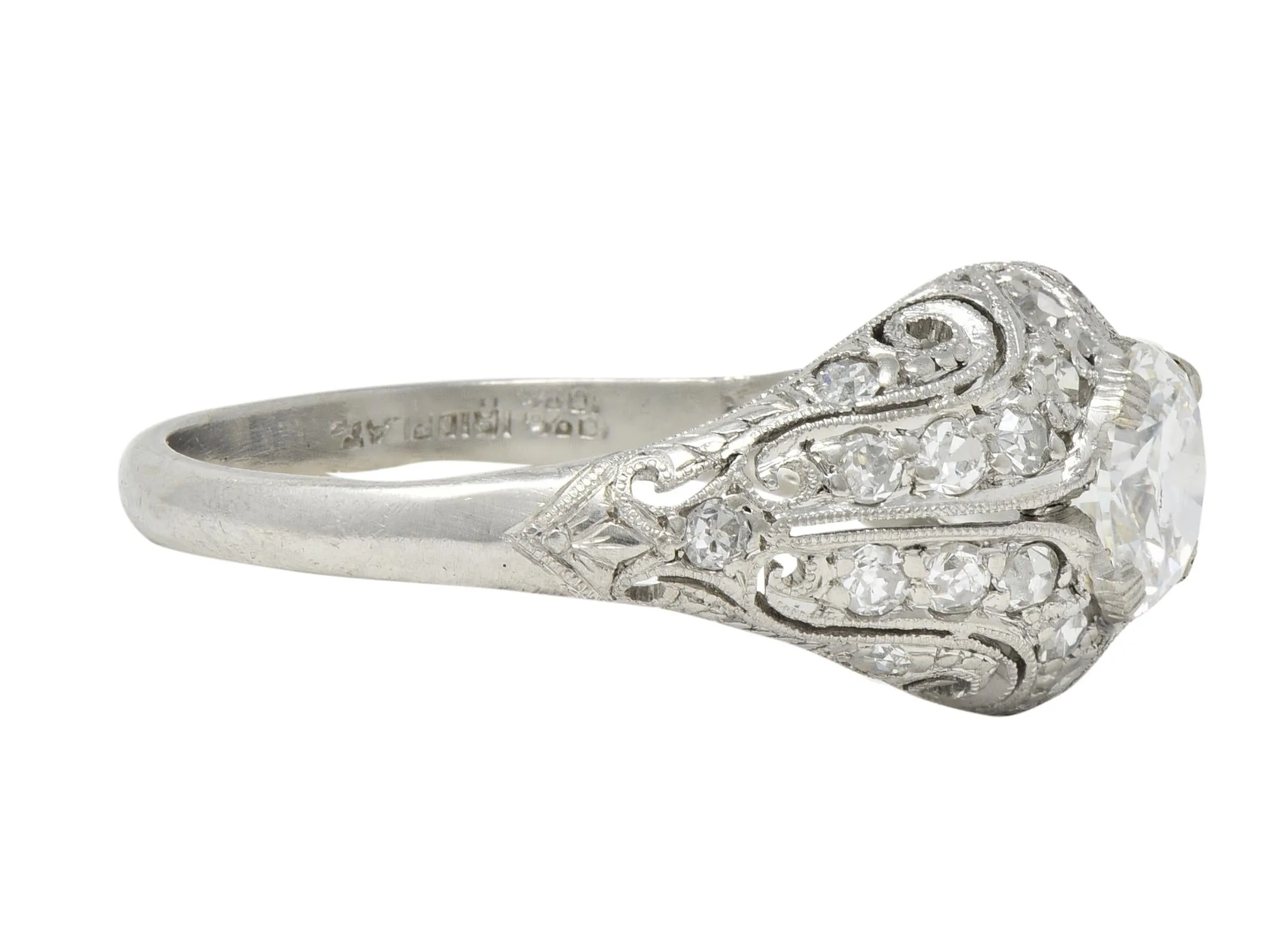 Art Deco 1.22 CTW Old European Cut Diamond Platinum Scrolling Bombé Vintage Engagement Ring