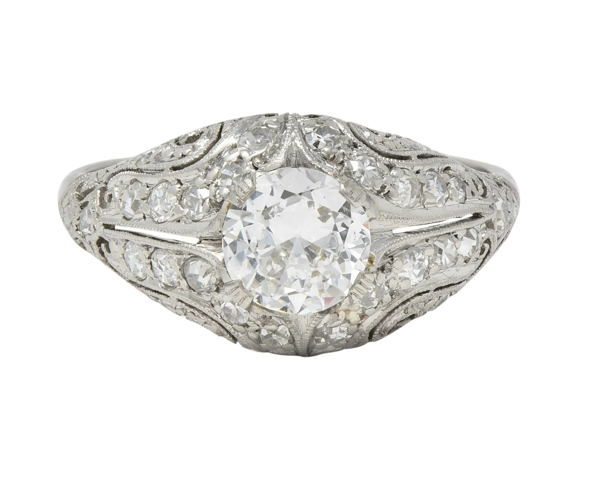 Art Deco 1.22 CTW Old European Cut Diamond Platinum Scrolling Bombé Vintage Engagement Ring