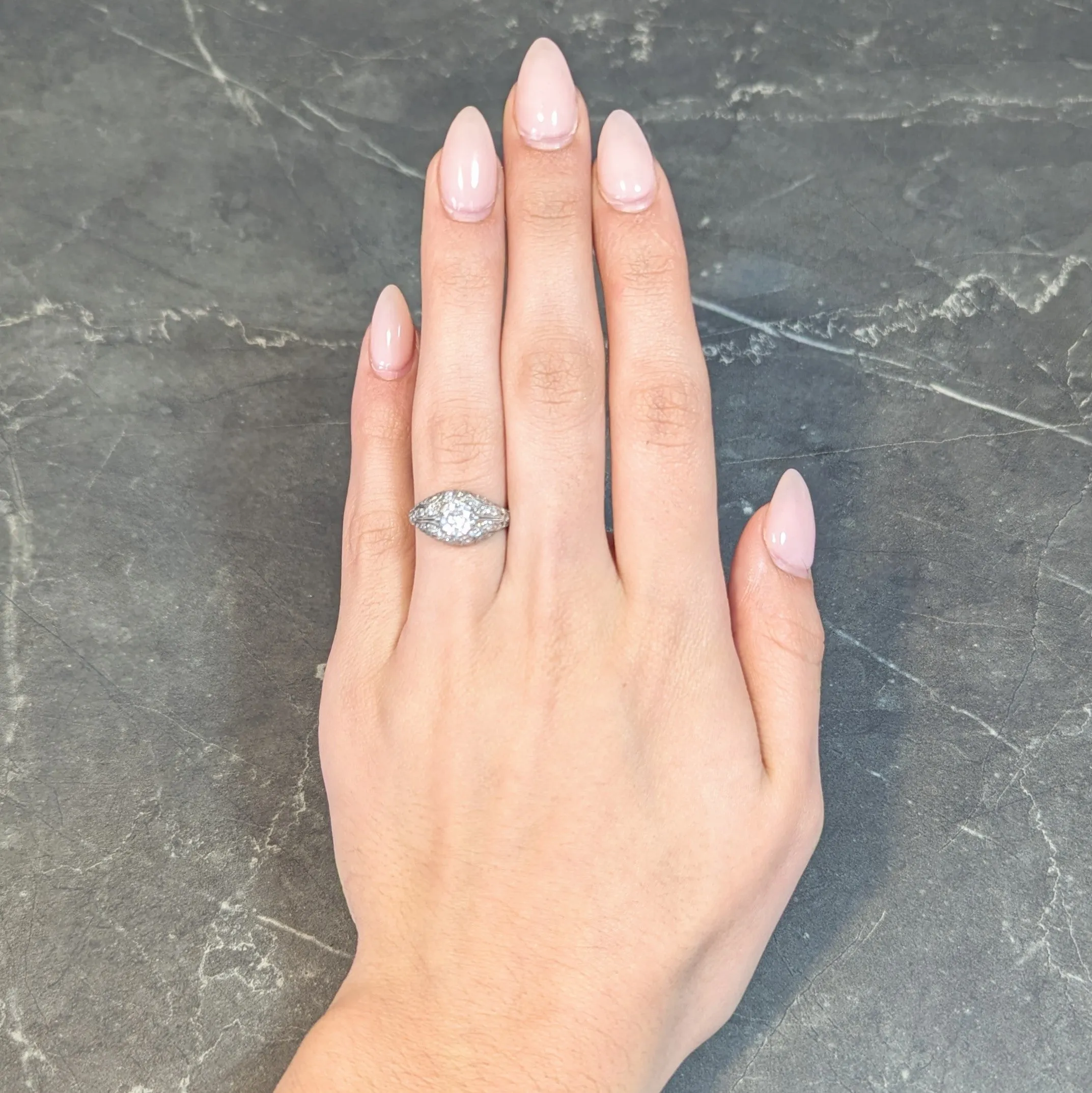 Art Deco 1.22 CTW Old European Cut Diamond Platinum Scrolling Bombé Vintage Engagement Ring