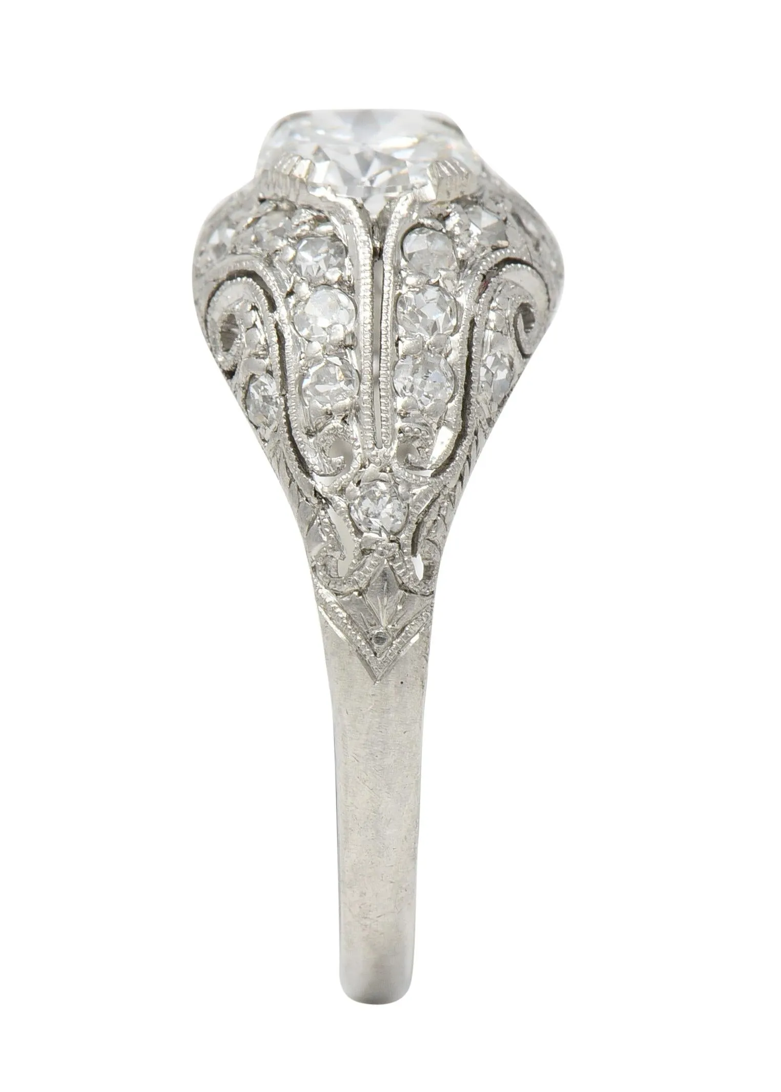 Art Deco 1.22 CTW Old European Cut Diamond Platinum Scrolling Bombé Vintage Engagement Ring