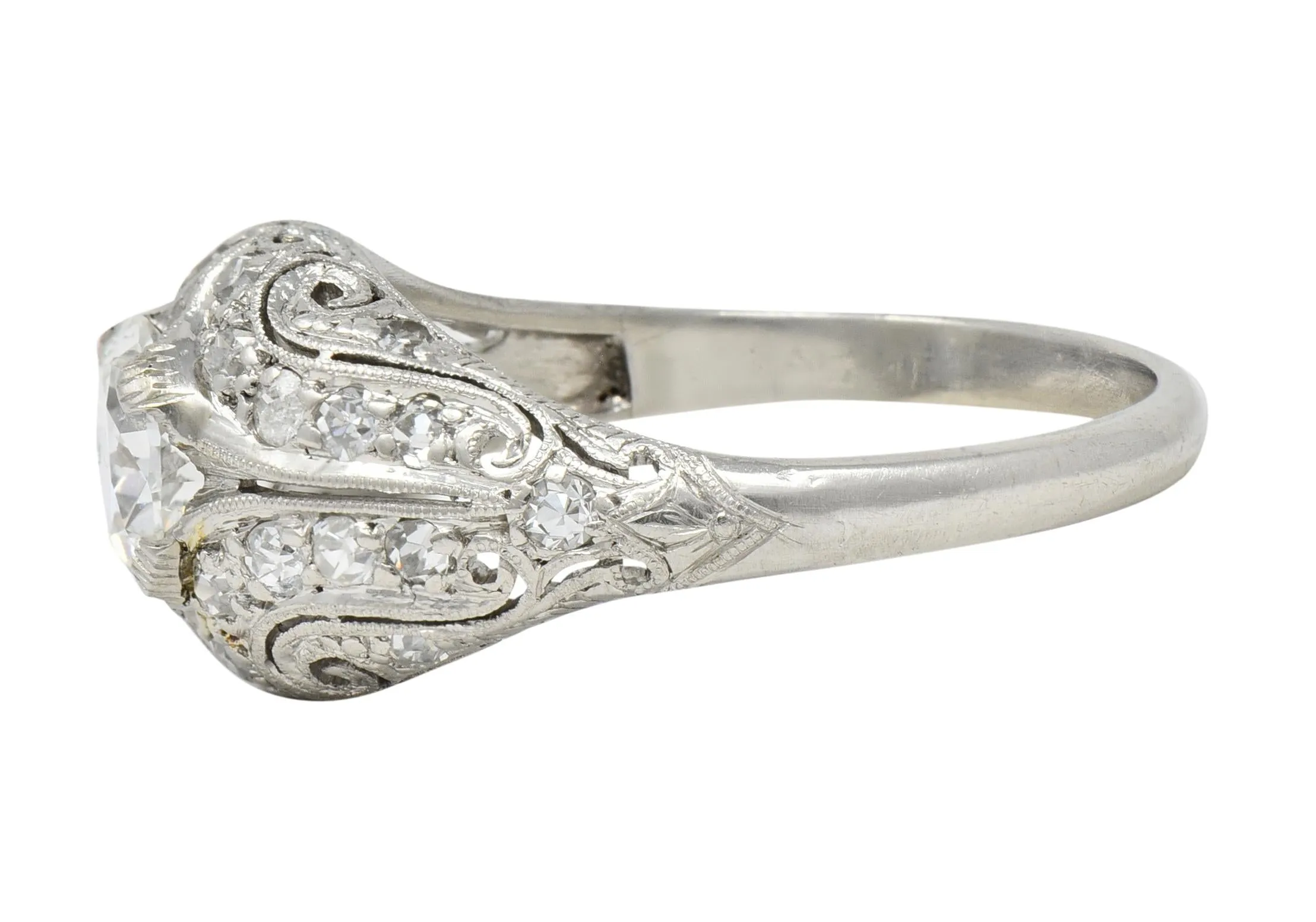 Art Deco 1.22 CTW Old European Cut Diamond Platinum Scrolling Bombé Vintage Engagement Ring