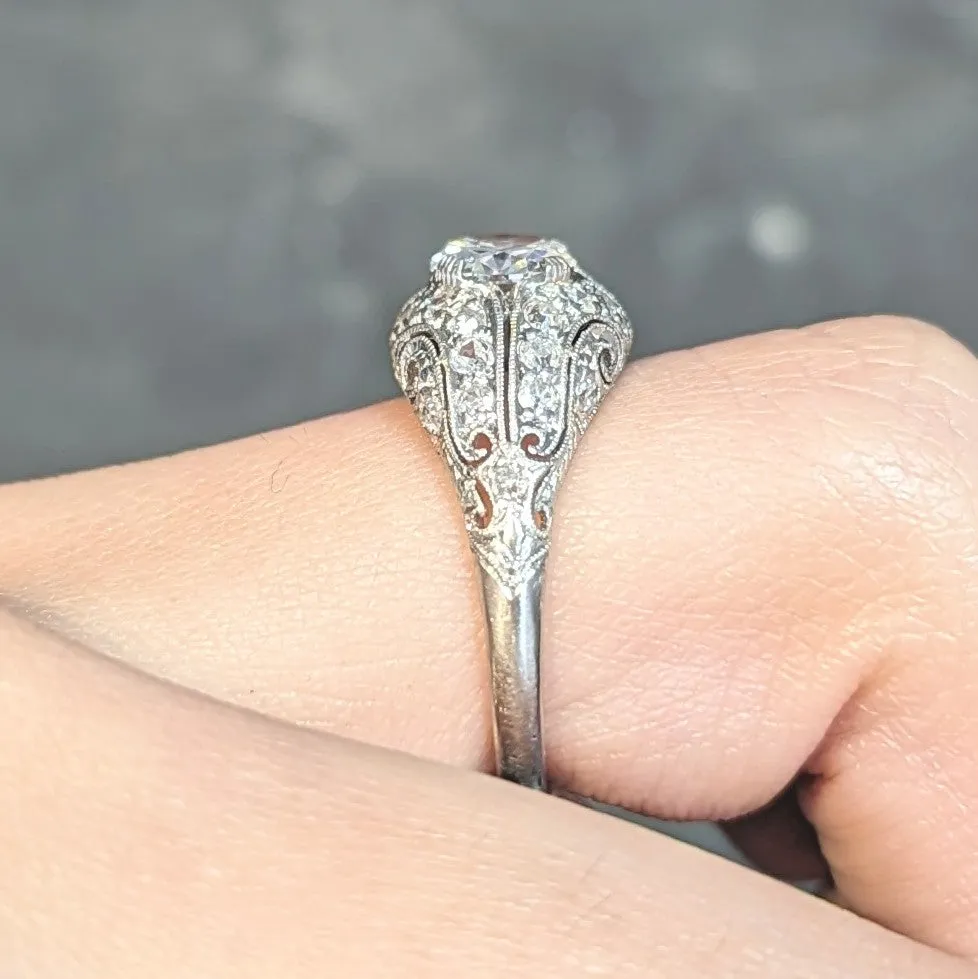 Art Deco 1.22 CTW Old European Cut Diamond Platinum Scrolling Bombé Vintage Engagement Ring