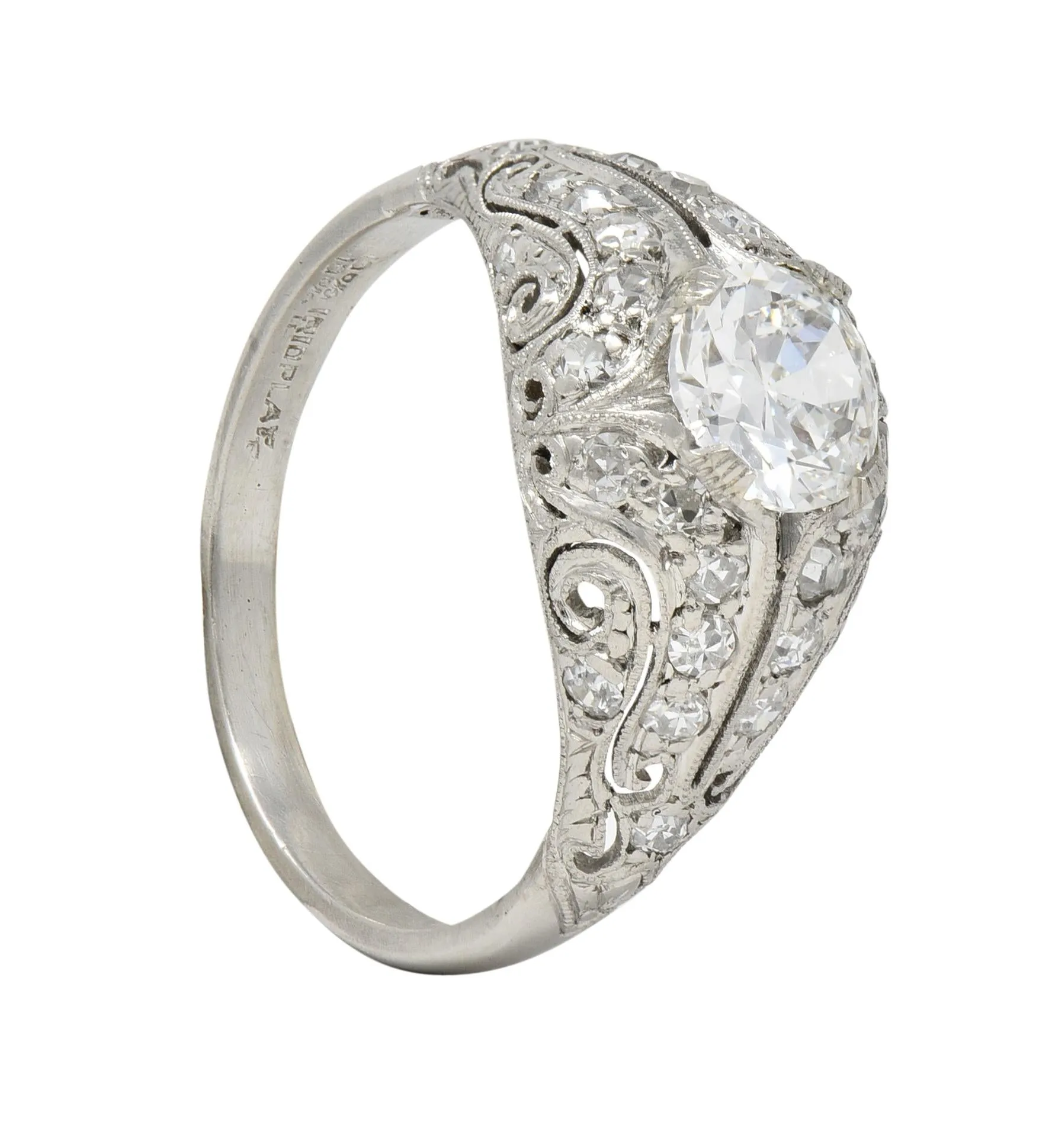Art Deco 1.22 CTW Old European Cut Diamond Platinum Scrolling Bombé Vintage Engagement Ring