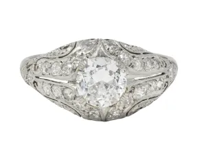 Art Deco 1.22 CTW Old European Cut Diamond Platinum Scrolling Bombé Vintage Engagement Ring