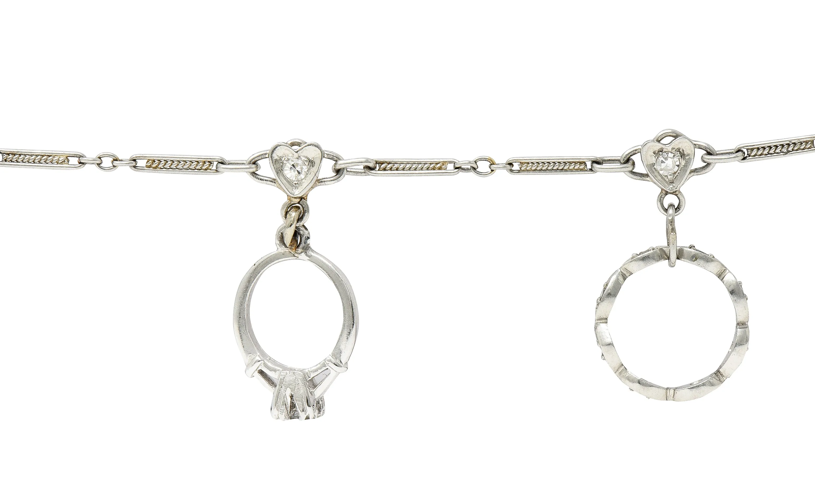 Art Deco Diamond Platinum 14 Karat White Gold Heart Wedding Engagement Charm Bracelet