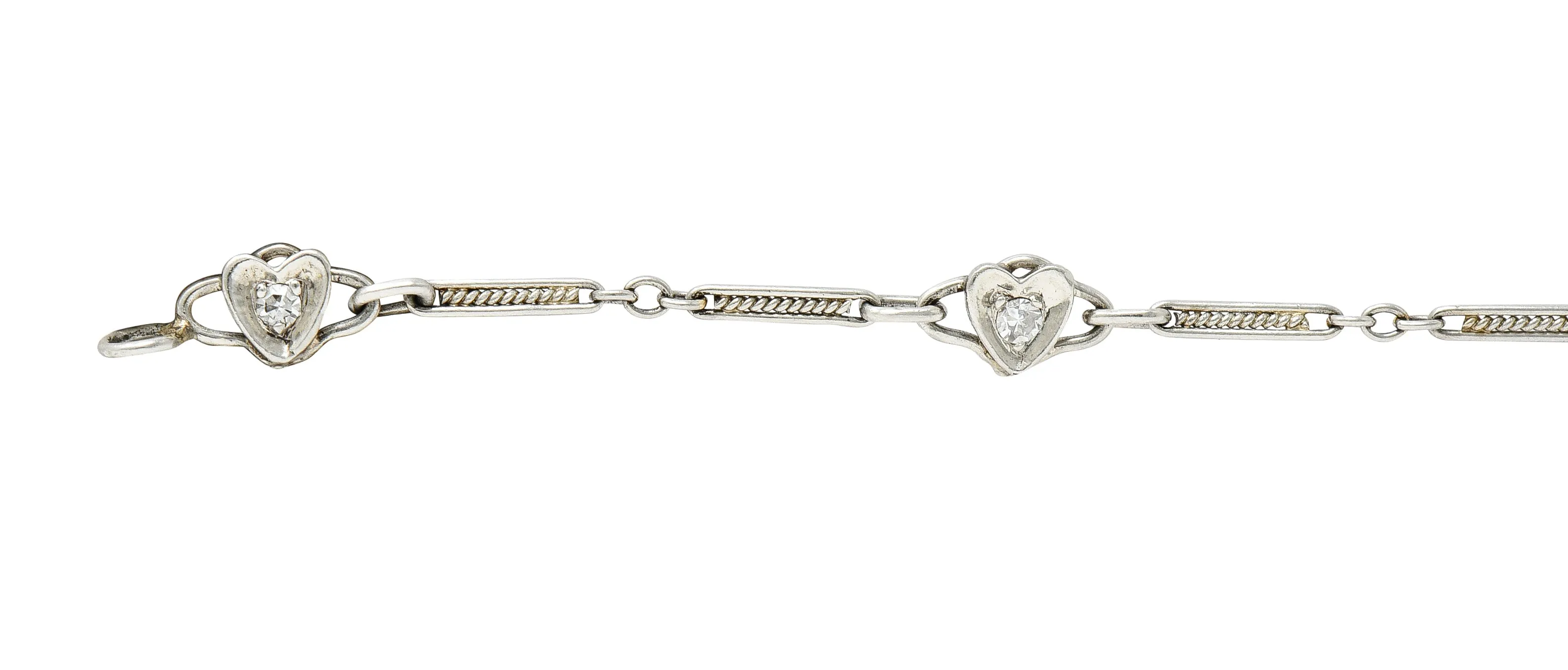 Art Deco Diamond Platinum 14 Karat White Gold Heart Wedding Engagement Charm Bracelet