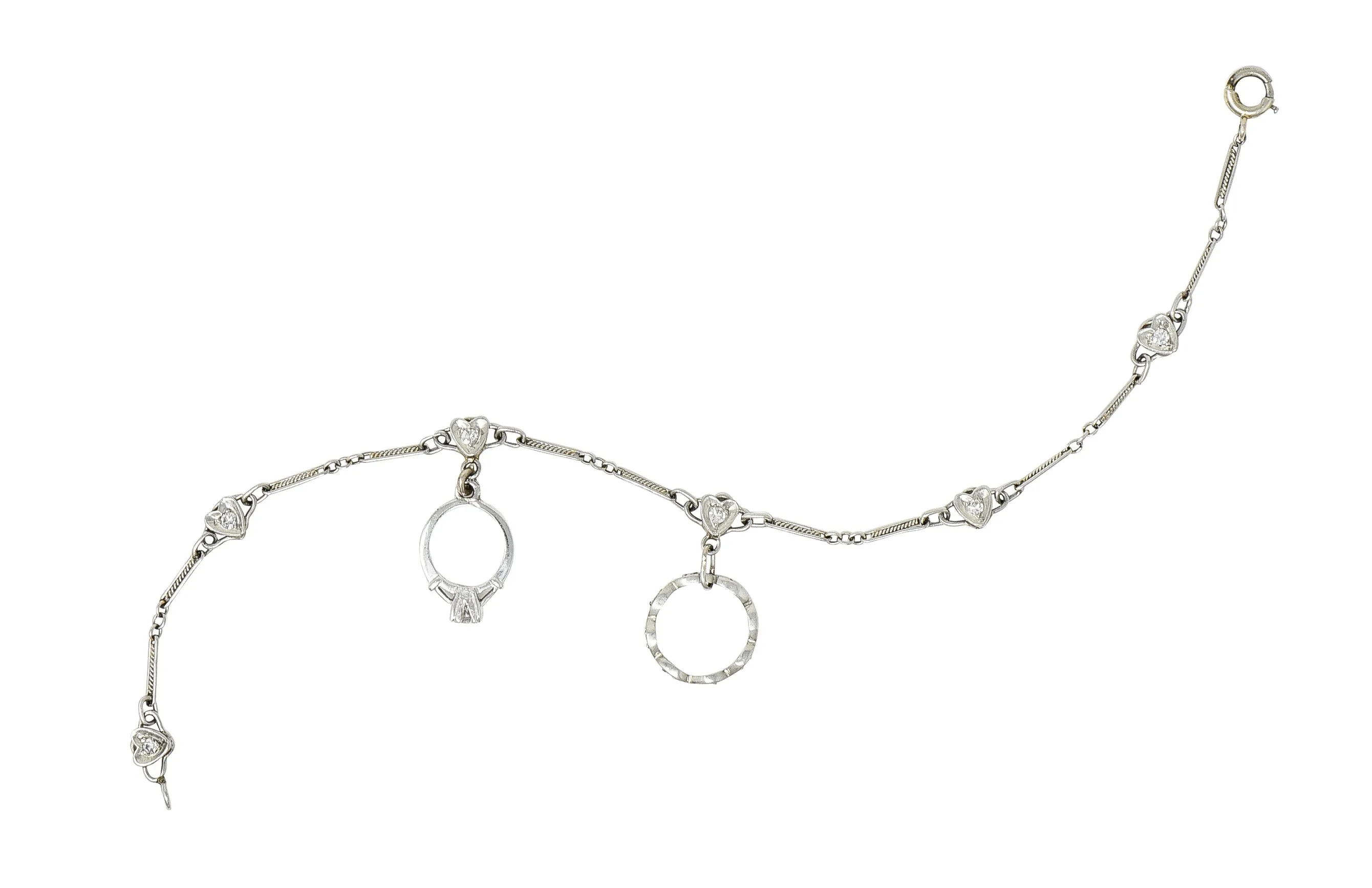 Art Deco Diamond Platinum 14 Karat White Gold Heart Wedding Engagement Charm Bracelet