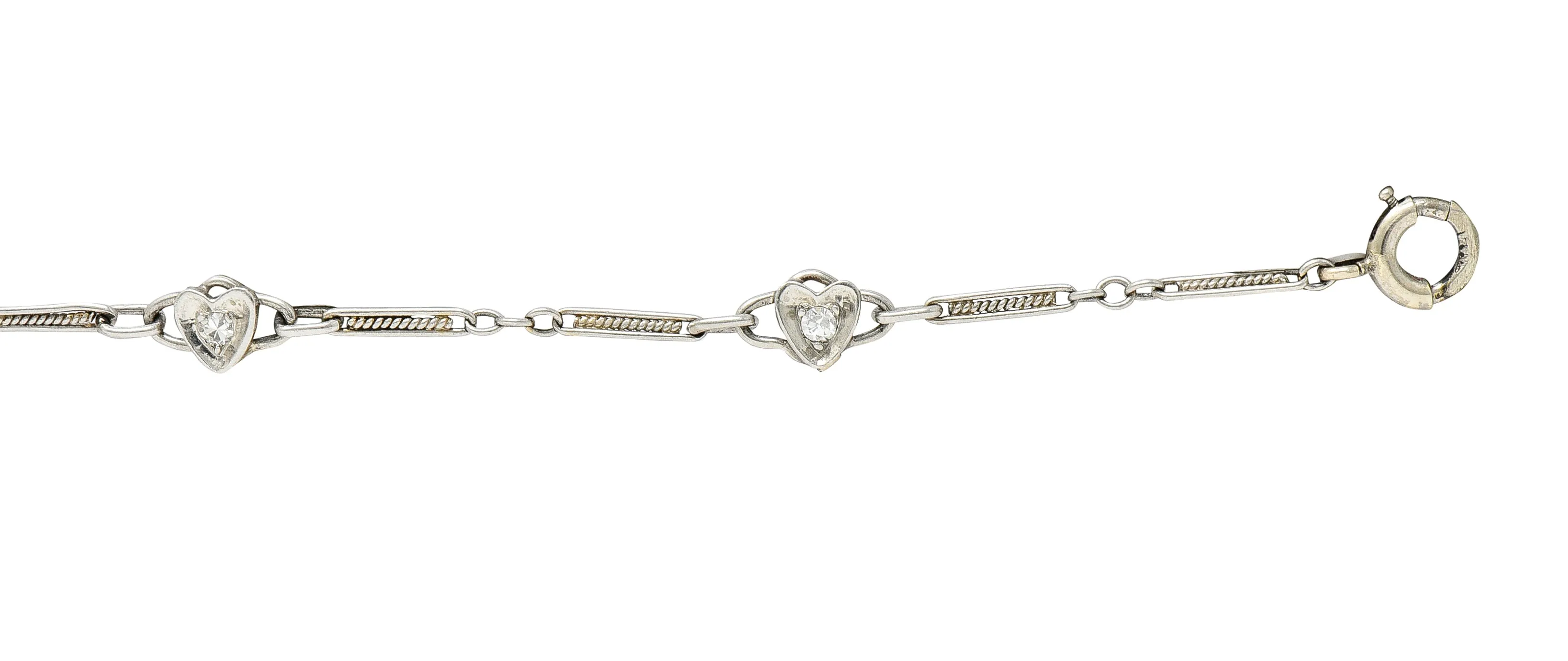 Art Deco Diamond Platinum 14 Karat White Gold Heart Wedding Engagement Charm Bracelet