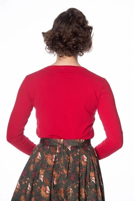 Banned Retro Embroidered Christmas Rockin Robin Red Cardigan