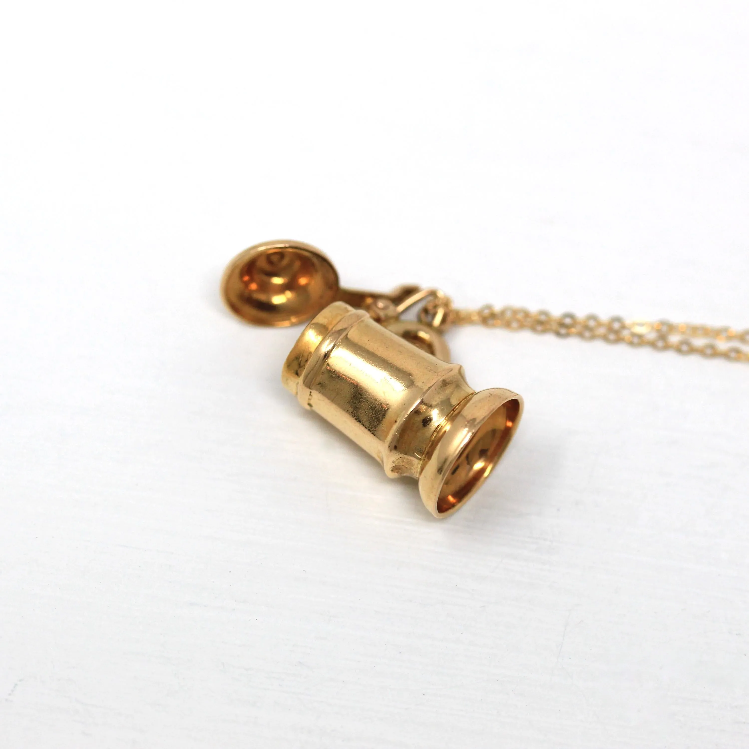 Beer Stein Charm - Retro 14k Yellow Gold Figural Mechanical Pendant Necklace - Vintage Circa 1960s Era 3D Drinking Mug Fine 60s Jewelry