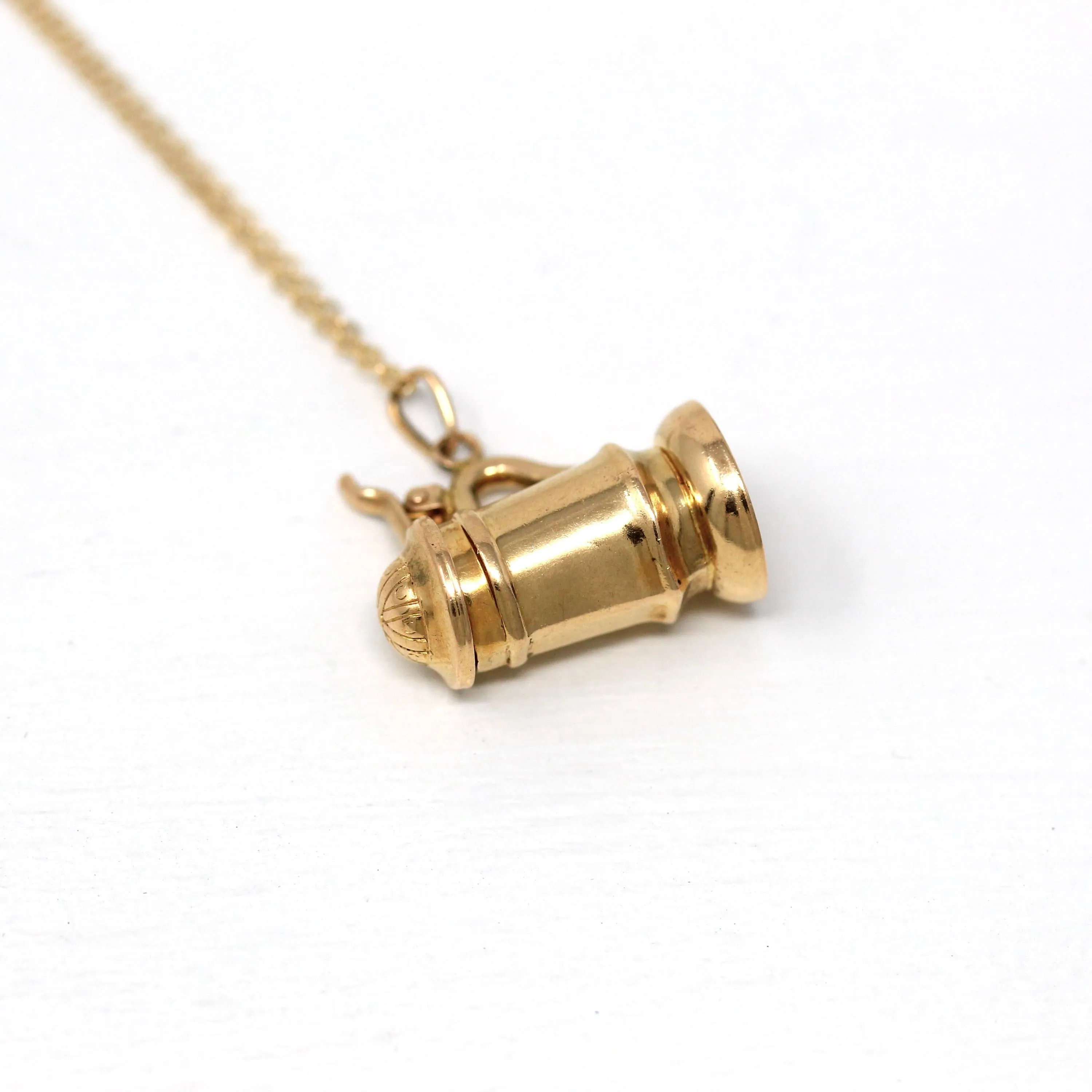 Beer Stein Charm - Retro 14k Yellow Gold Figural Mechanical Pendant Necklace - Vintage Circa 1960s Era 3D Drinking Mug Fine 60s Jewelry