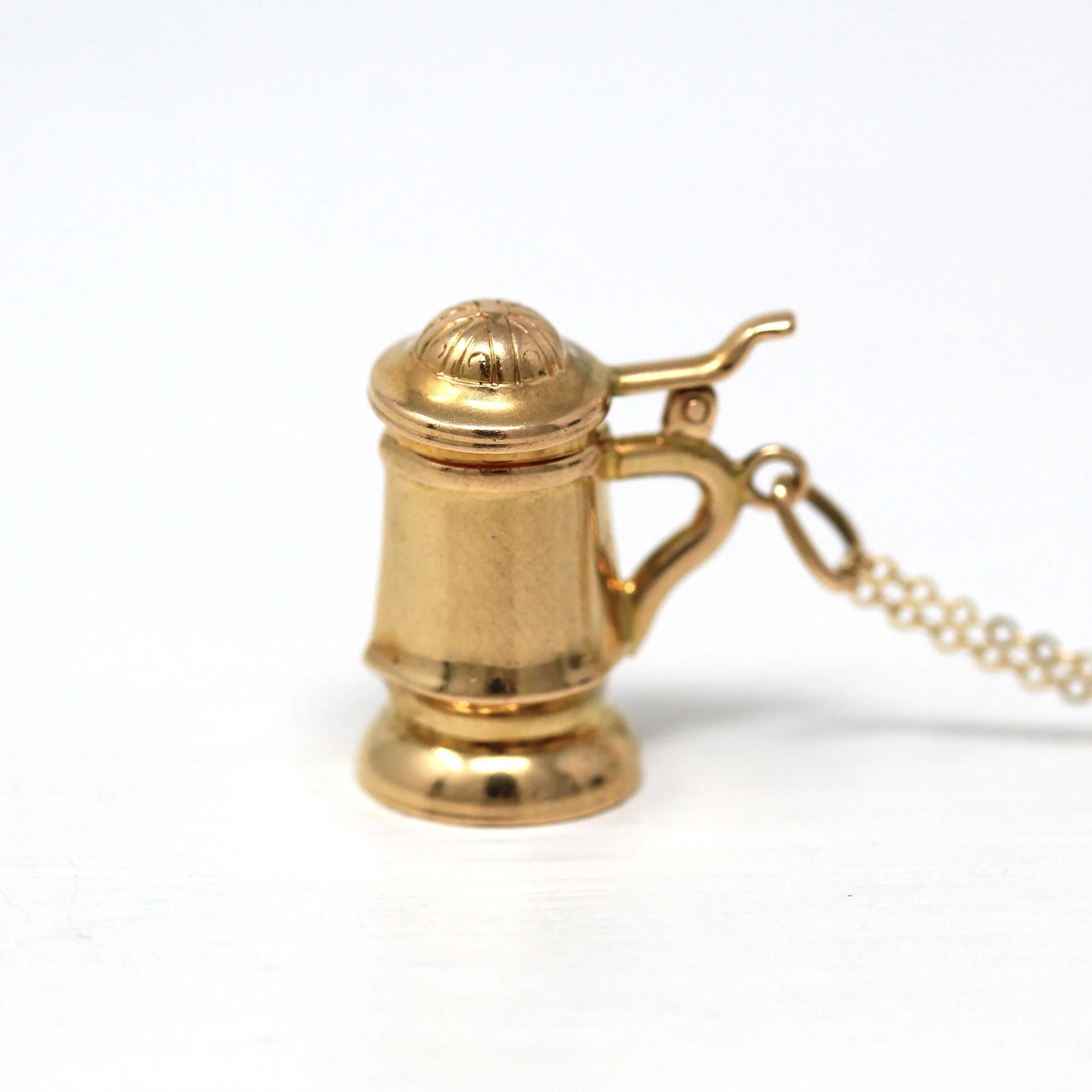 Beer Stein Charm - Retro 14k Yellow Gold Figural Mechanical Pendant Necklace - Vintage Circa 1960s Era 3D Drinking Mug Fine 60s Jewelry