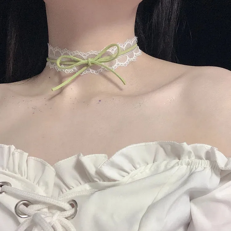 binfenxie Sen series soft sister jewelry girl green neck band peach heart bow neck chain Choker collar collarbone chain necklace