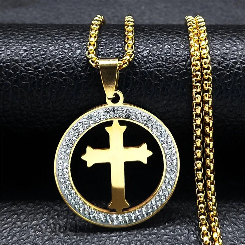Blessing Catholic Cross Crystal Stainless Steel Pendant Necklace Women/Men Faith Christian Gift