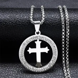 Blessing Catholic Cross Crystal Stainless Steel Pendant Necklace Women/Men Faith Christian Gift