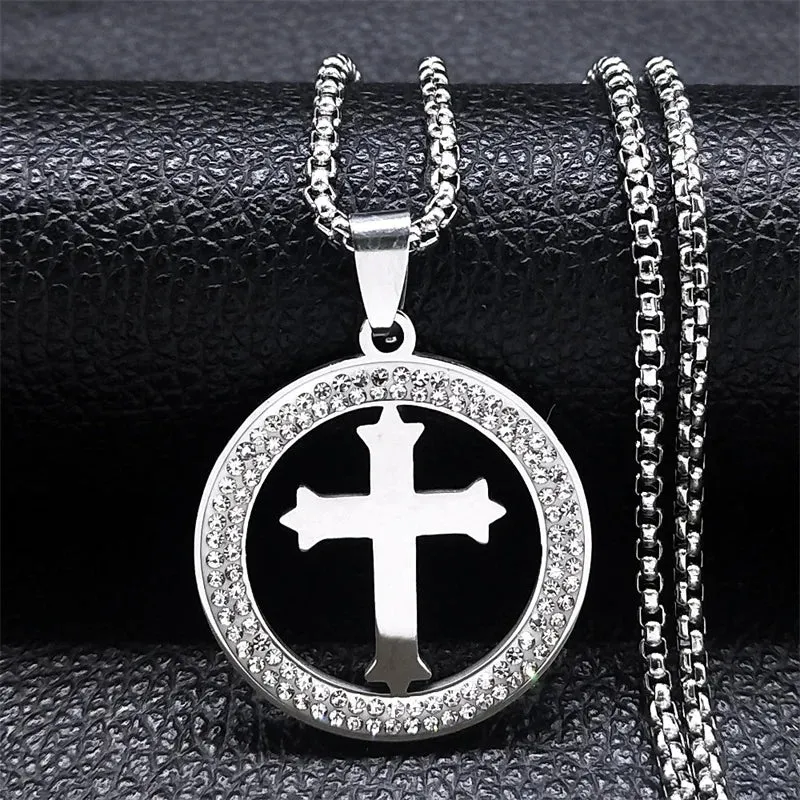 Blessing Catholic Cross Crystal Stainless Steel Pendant Necklace Women/Men Faith Christian Gift