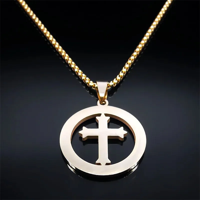 Blessing Catholic Cross Crystal Stainless Steel Pendant Necklace Women/Men Faith Christian Gift
