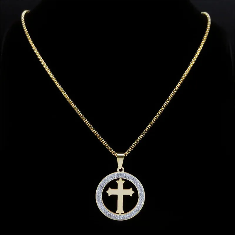 Blessing Catholic Cross Crystal Stainless Steel Pendant Necklace Women/Men Faith Christian Gift