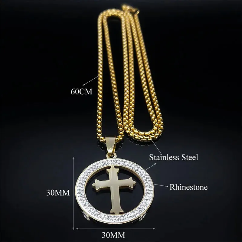 Blessing Catholic Cross Crystal Stainless Steel Pendant Necklace Women/Men Faith Christian Gift