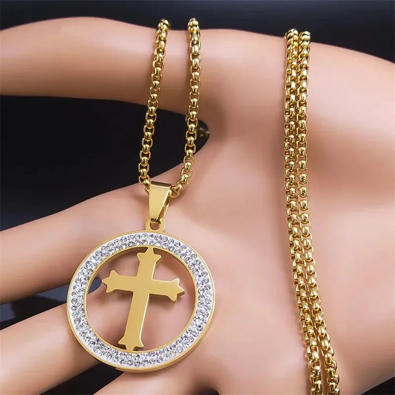 Blessing Catholic Cross Crystal Stainless Steel Pendant Necklace Women/Men Faith Christian Gift
