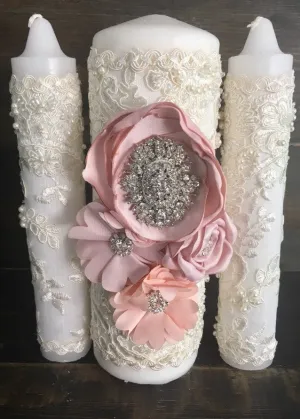 Blush wedding ceremony/Lace Unity Candle set Ivory champagne . Crystal/cross/any religion. Wedding Bling Candles