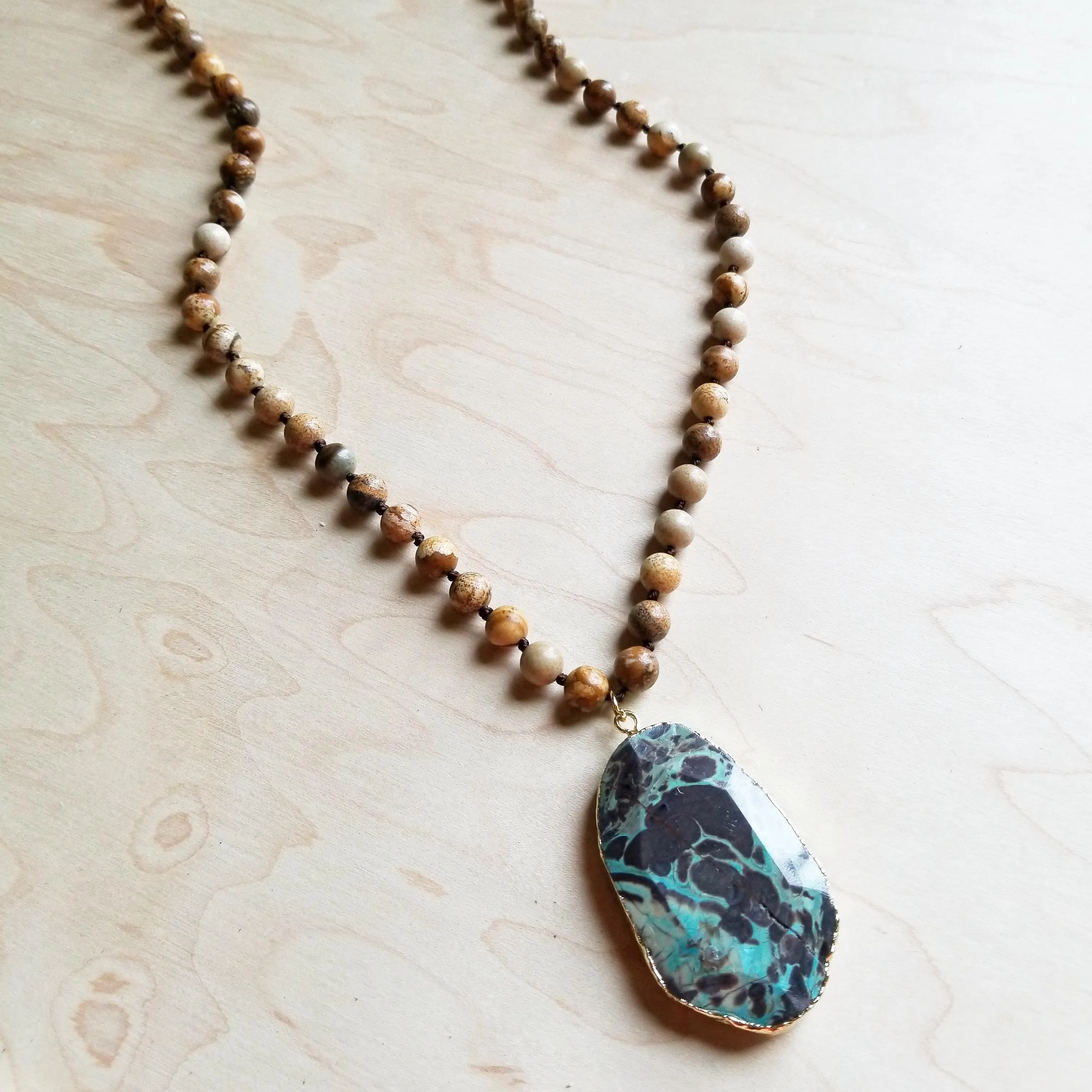 Bohemian Natural JASPER Beaded Necklace with Ocean Agate Pendant 245u