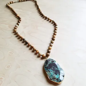Bohemian Natural JASPER Beaded Necklace with Ocean Agate Pendant 245u