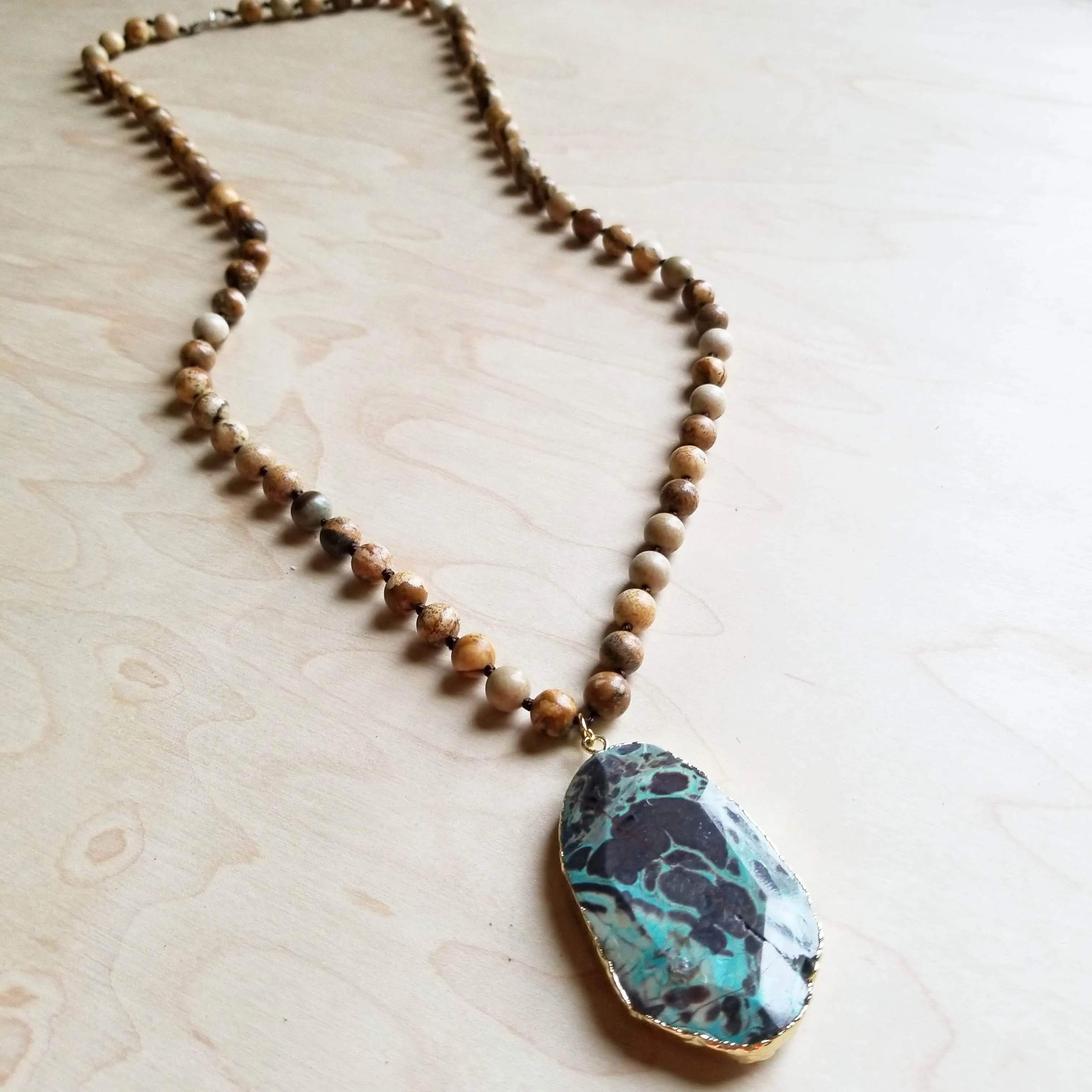 Bohemian Natural JASPER Beaded Necklace with Ocean Agate Pendant 245u