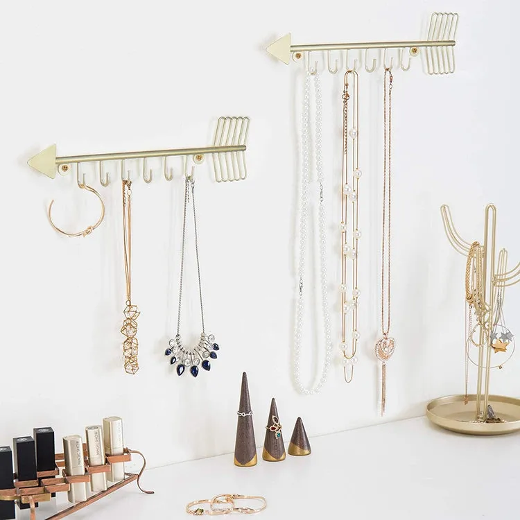 Brass Metal Wall Mounted and Jewelry Organizer Necklace Holder with 6 Hooks, Set of 2