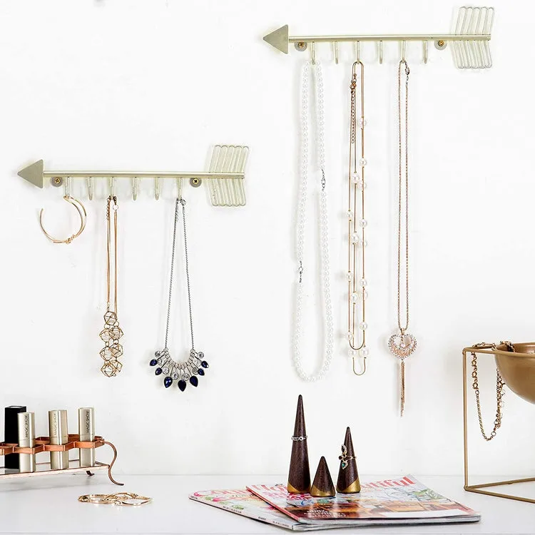 Brass Metal Wall Mounted and Jewelry Organizer Necklace Holder with 6 Hooks, Set of 2