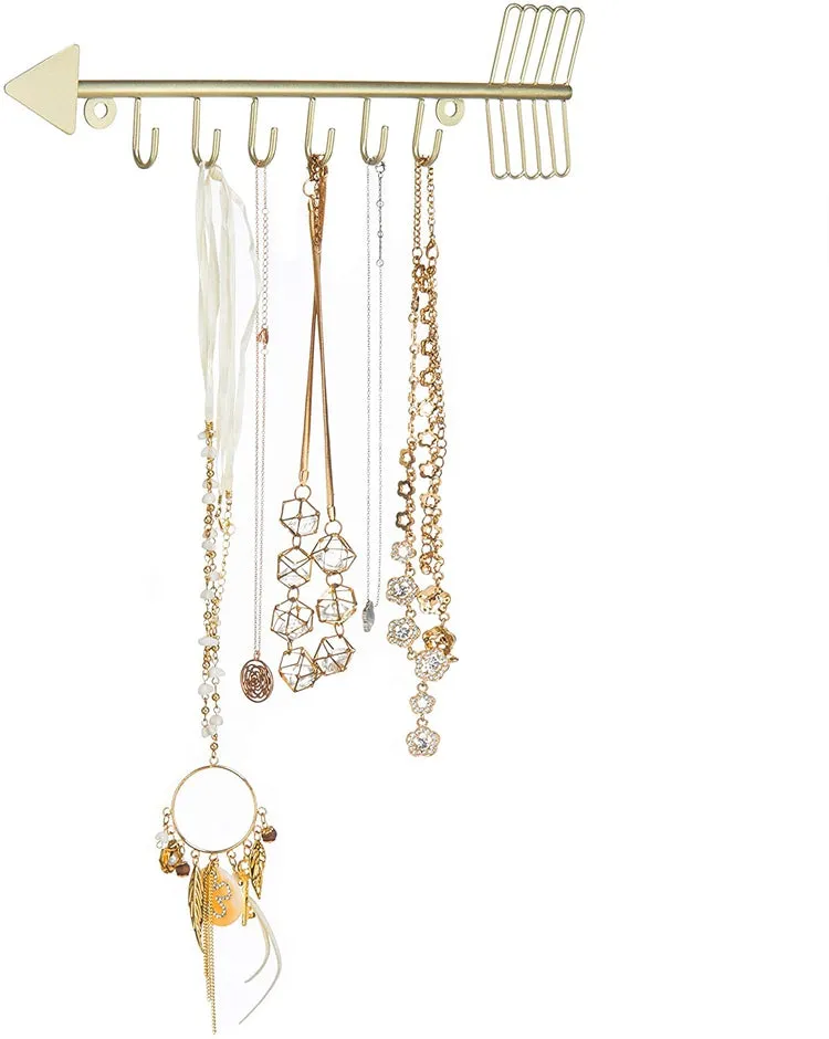 Brass Metal Wall Mounted and Jewelry Organizer Necklace Holder with 6 Hooks, Set of 2
