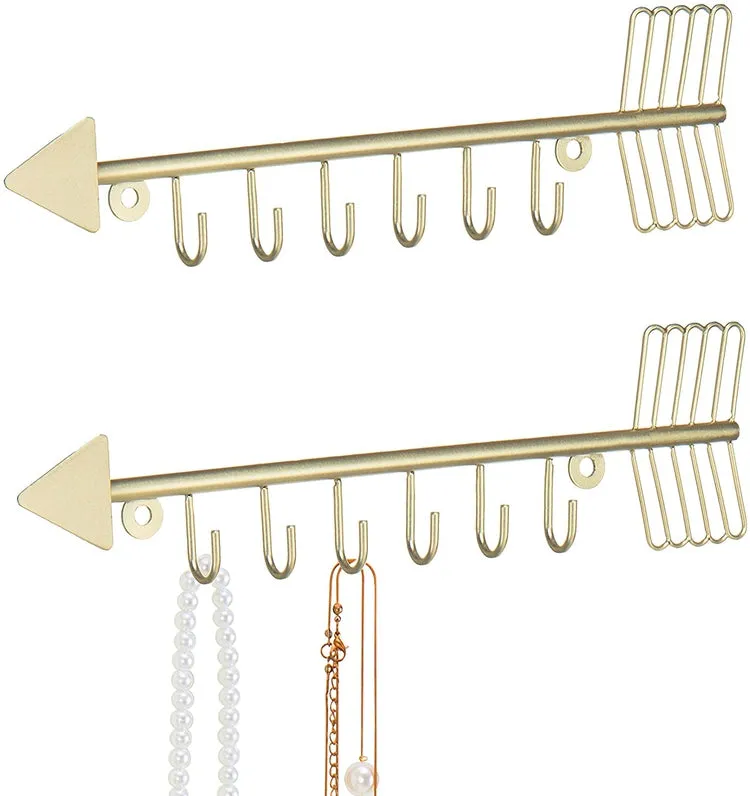 Brass Metal Wall Mounted and Jewelry Organizer Necklace Holder with 6 Hooks, Set of 2