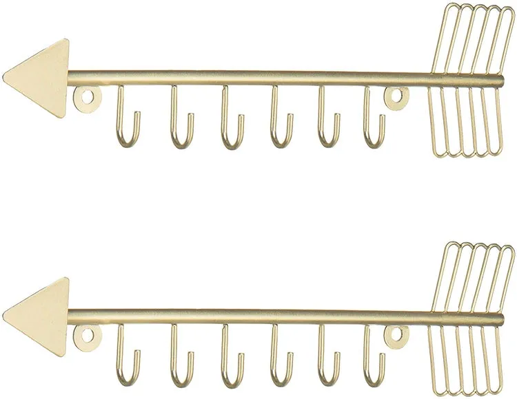 Brass Metal Wall Mounted and Jewelry Organizer Necklace Holder with 6 Hooks, Set of 2