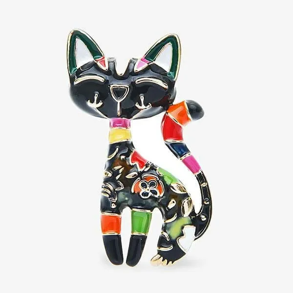Cat Enamel Brooch Pin Colourful Flower Detail
