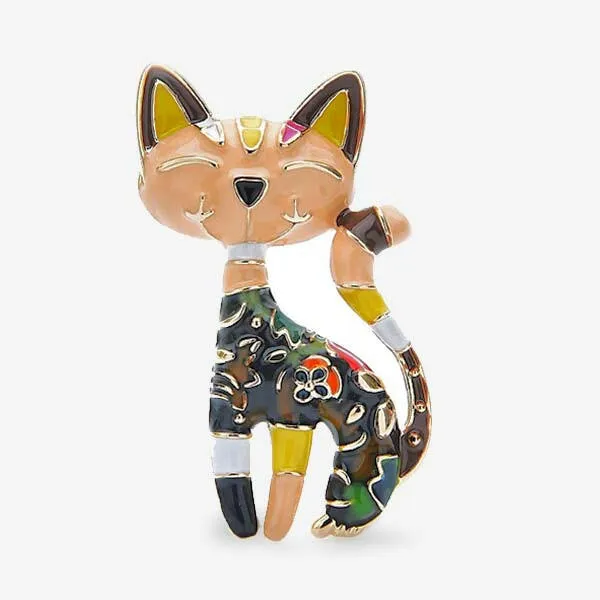 Cat Enamel Brooch Pin Colourful Flower Detail