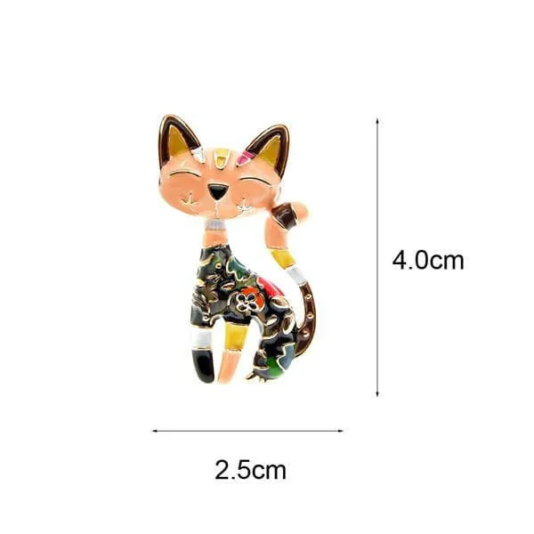 Cat Enamel Brooch Pin Colourful Flower Detail