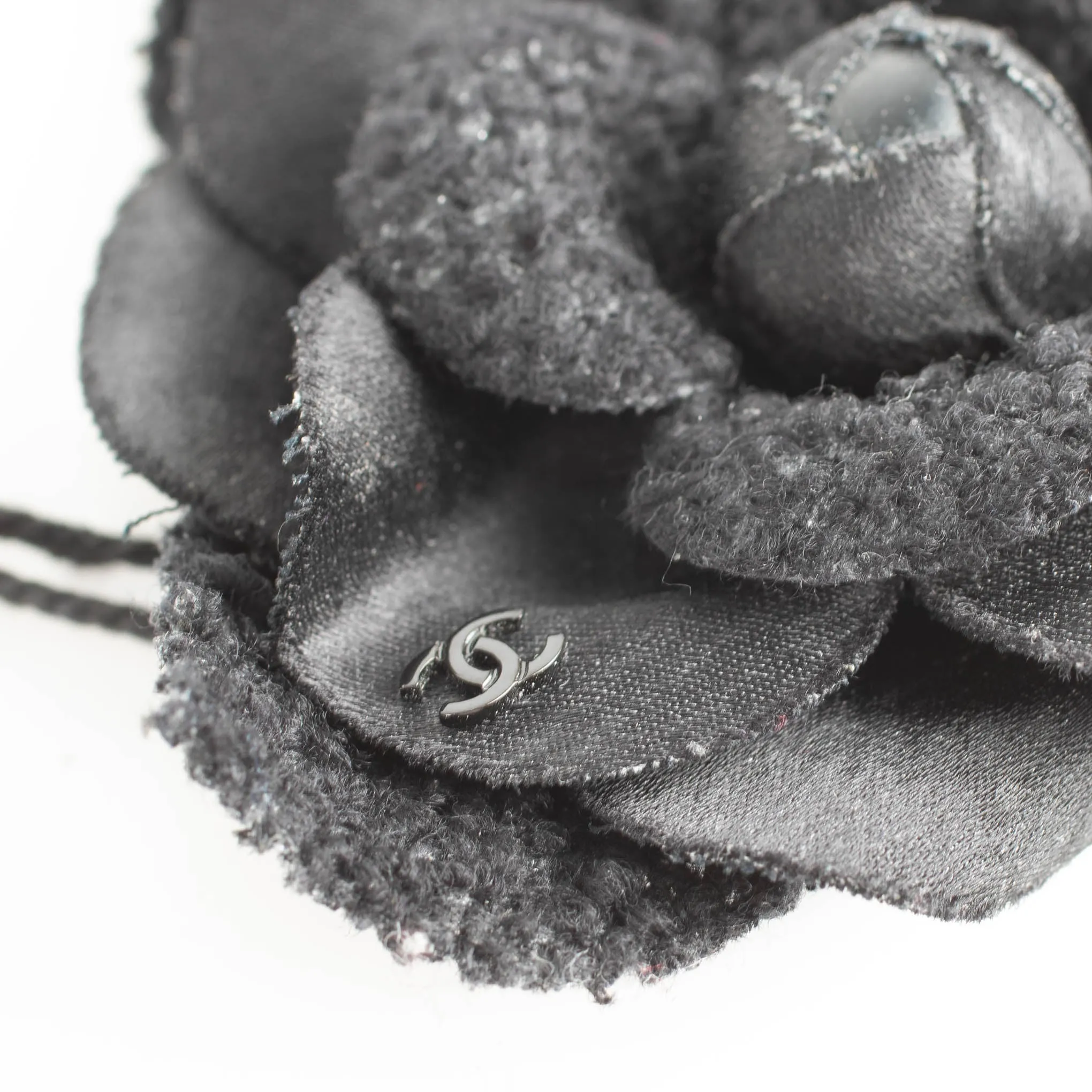 Chanel Black Fabric Tweed Detail Camellia Brooch