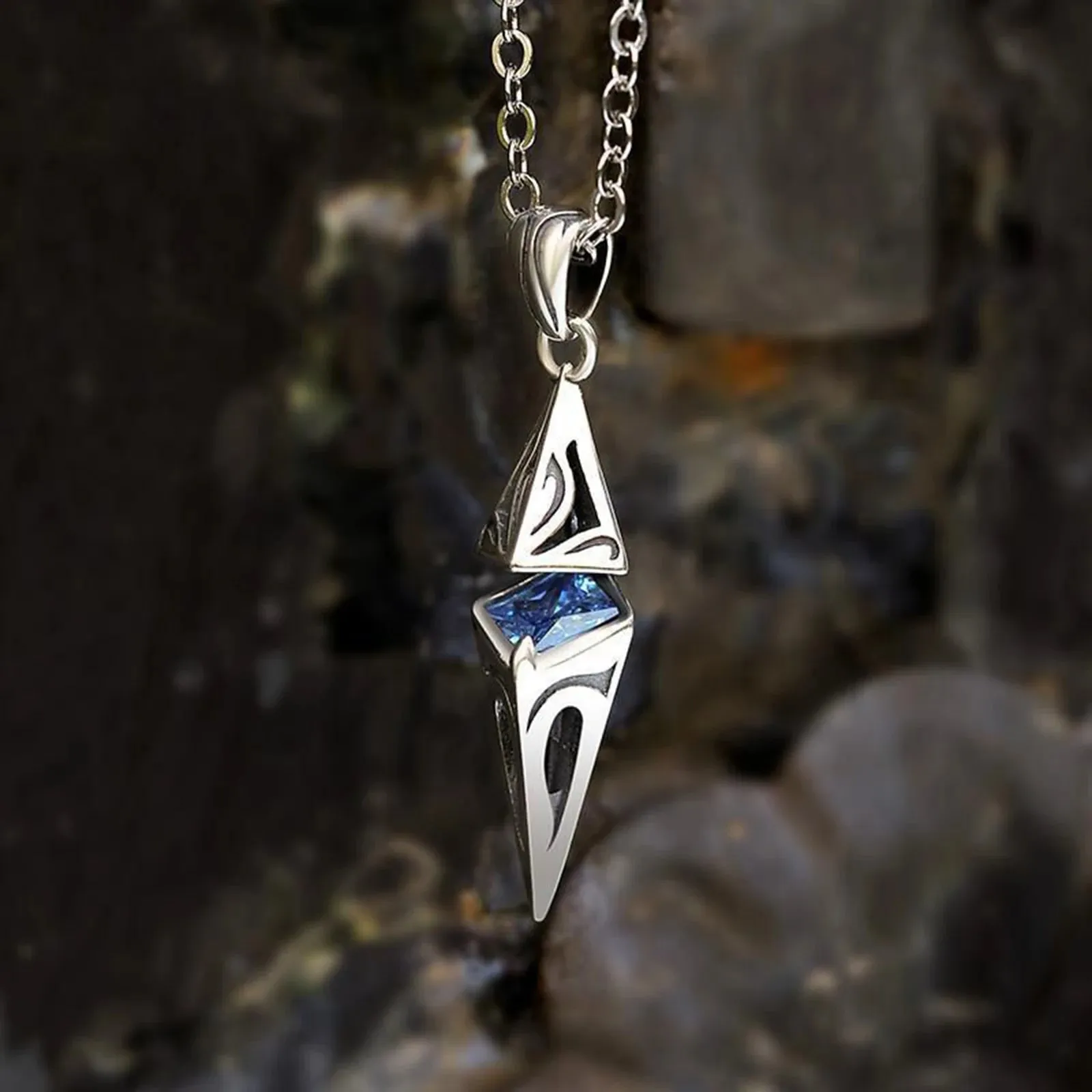 Chic Blue Stone Necklaces for Men,Stainless Steel Geometric Pendant Collar
