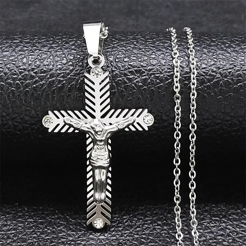 Christ God Cross Jesus Crown of Thorns Chain Necklace Men Stainless Steel Crucifix Necklace
