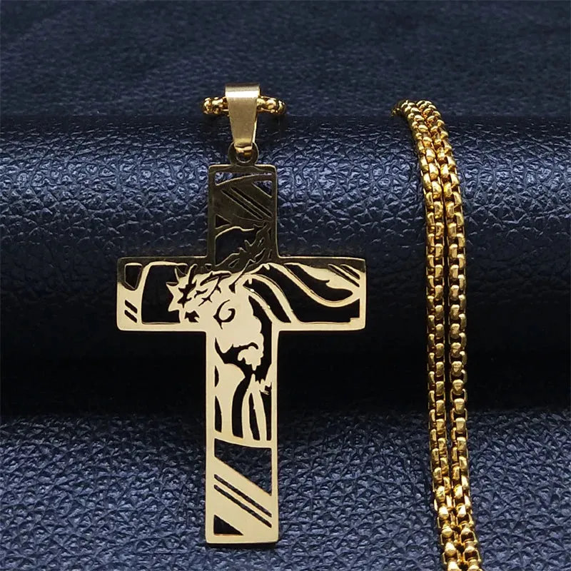 Christ God Cross Jesus Crown of Thorns Chain Necklace Men Stainless Steel Crucifix Necklace