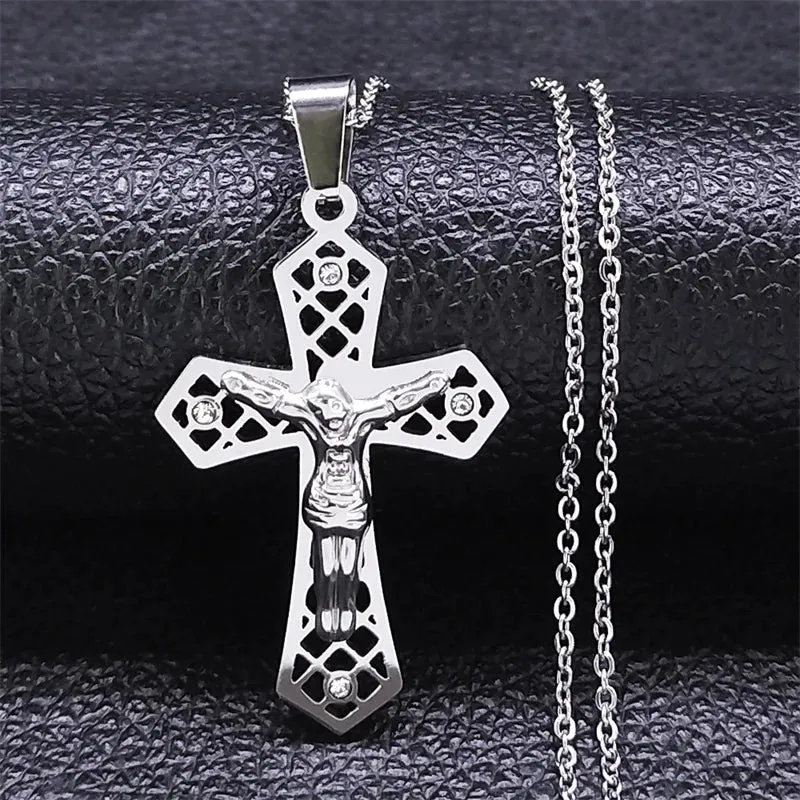 Christ God Cross Jesus Crown of Thorns Chain Necklace Men Stainless Steel Crucifix Necklace