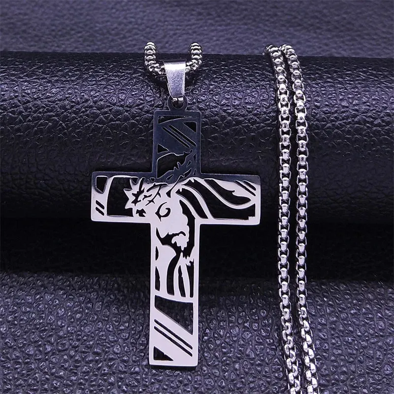 Christ God Cross Jesus Crown of Thorns Chain Necklace Men Stainless Steel Crucifix Necklace